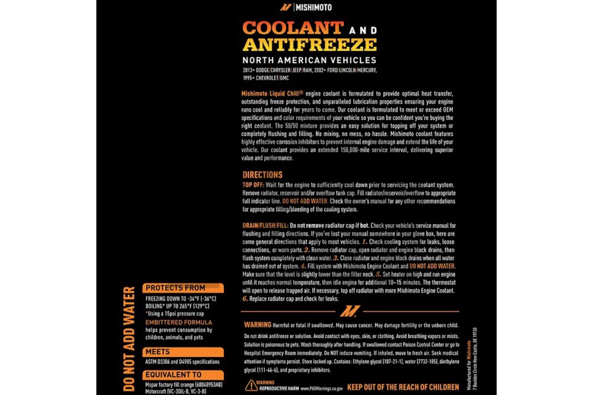 Mishimoto Chill Orange Coolant fluid for Chevrolet, Ford, Dodge & Jeep